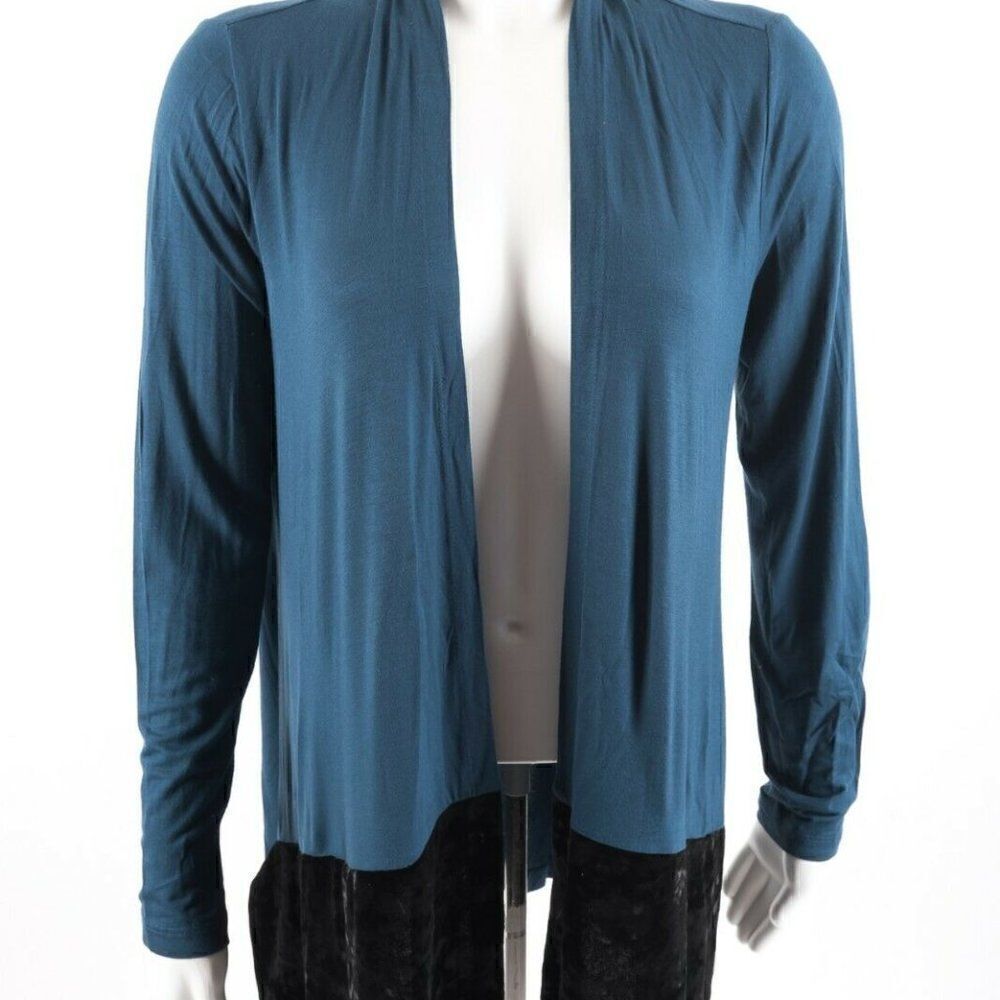 Logo Lori Goldstein Blue Cardigan XS Velour Hem